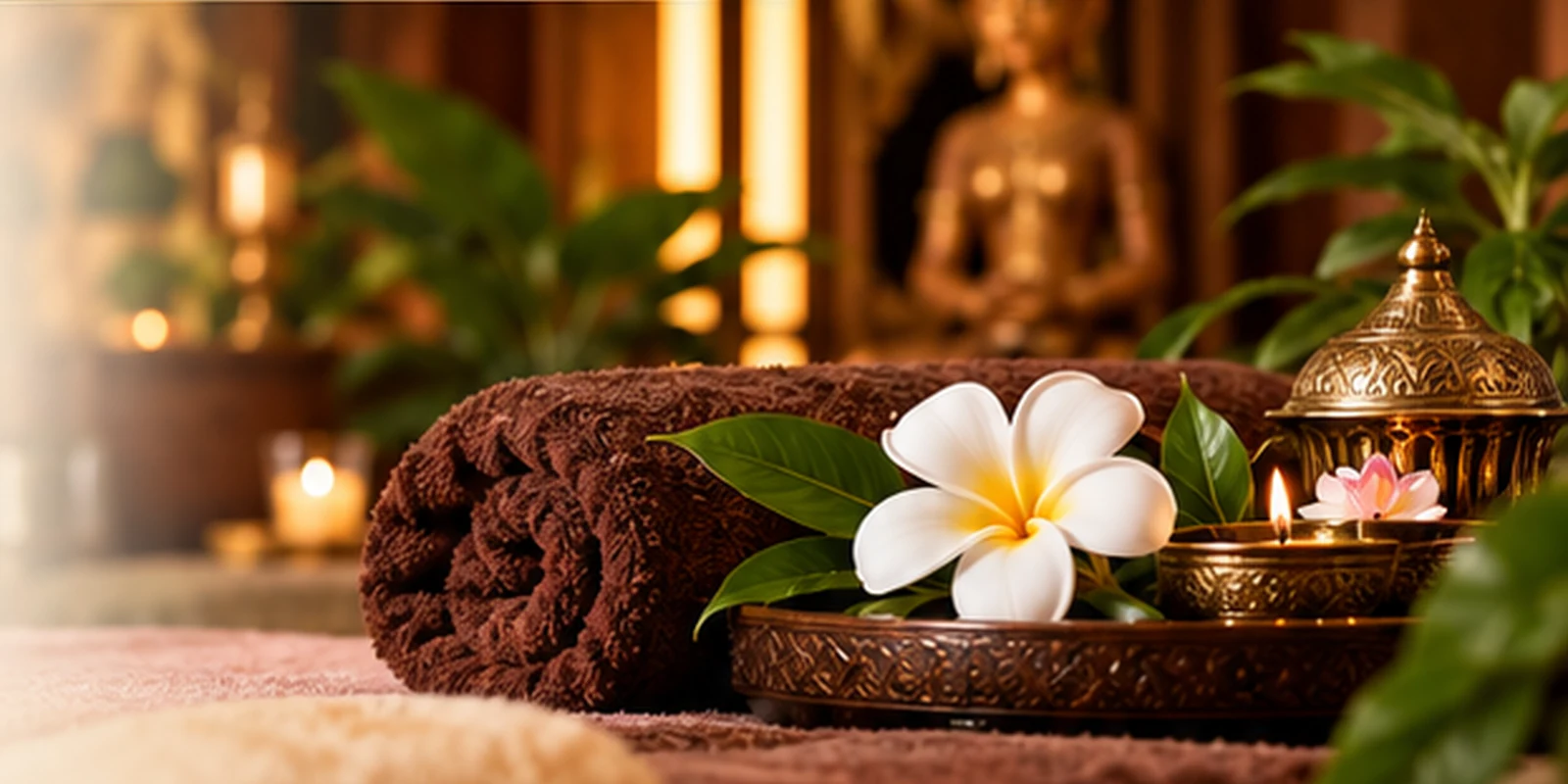 Warm Thai spa still life with folded towels and frangipani
